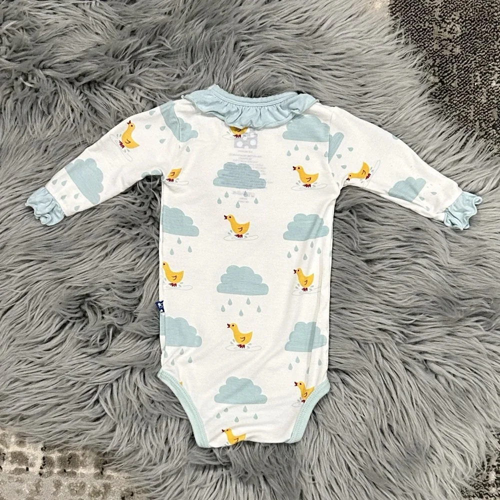 Kickee Pants‎ Bamboo Natural Puddle Duck Print Ruffled Bodysuit Size 3-6 Month